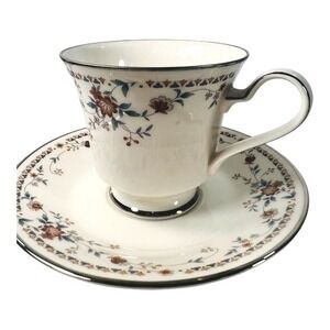 Noritake Ivory China Adagio 7237 Footed Cup Saucer Set Vtg Floral gold accents